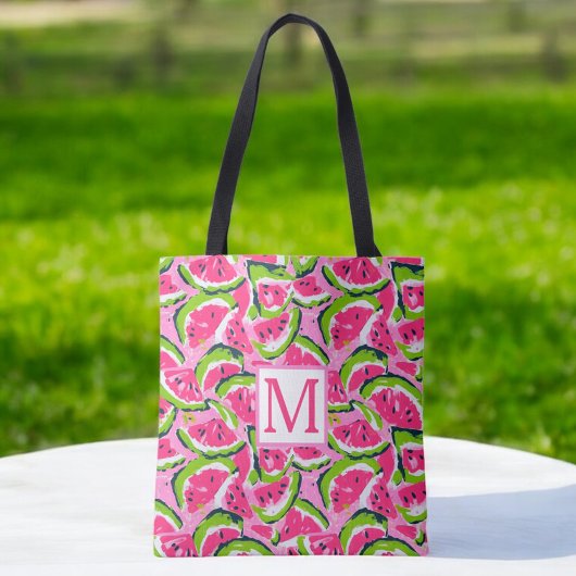 Tote Bag Fruits de pastèque rose Motif Monogramme