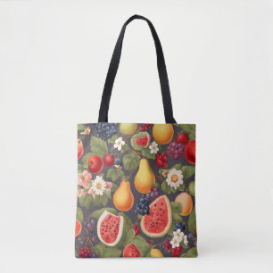 Tote Bag Fruits variés, Feuilles luxuriants et fleurs merve