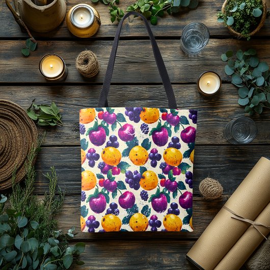 Tote Bag Fruits vibreux avec raisins, pommes et oranges