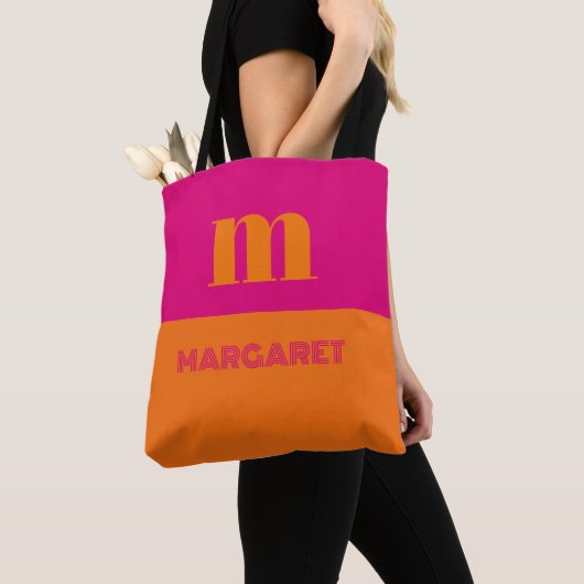 Tote Bag Fuchsia et orange nom initial personnalisé moderne (De près)