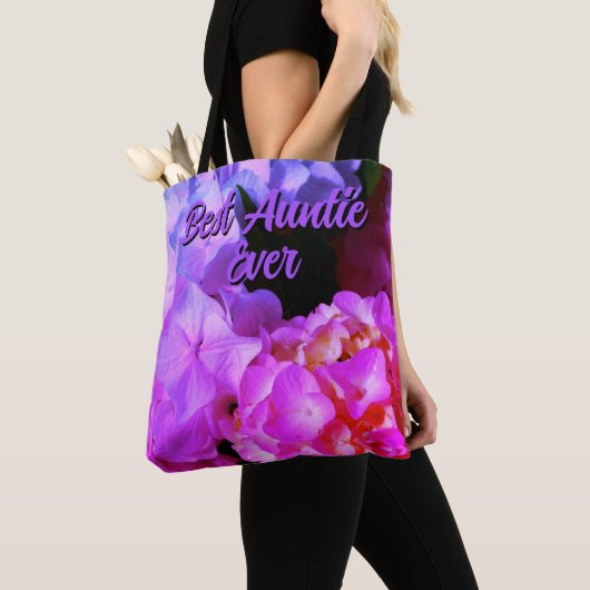 Tote Bag Fuchsia Pink violet fleurs meilleure Tante jamais (De près)