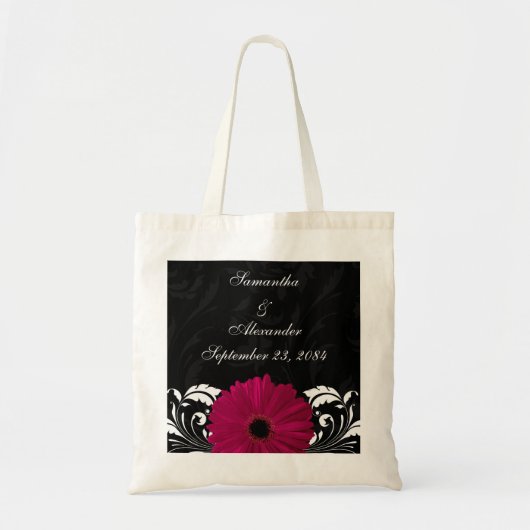 Tote Bag Fuchsia Scroll Gerbera Daisy avec noir et blanc (Devant)