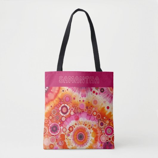 Tote Bag Fun Bold Orange Hot Pink Batik Circles Art Pattern (Devant)