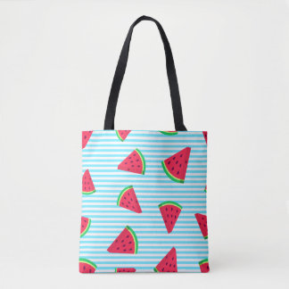 Tote Bag Fun Chic Watermelon Slices Blue Lines Motif
