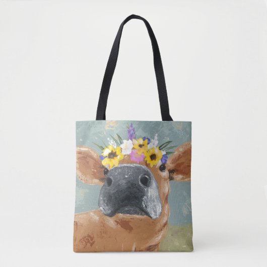 Tote Bag Fun de ferme - Vache avec couronne de fleurs (Devant)