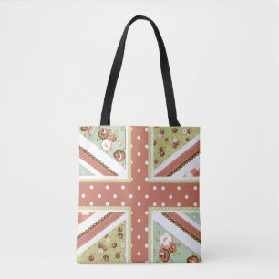 Tote Bag Fun Folk Quilt British Union Jack Fleurs brunes