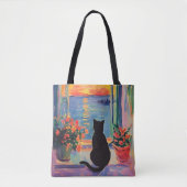 Tote Bag Funny Black cat enjoying the sunset (Devant)