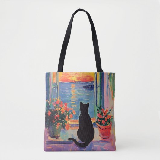 Tote Bag Funny Black cat enjoying the sunset (Devant)