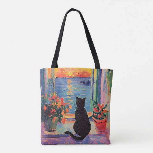 Tote Bag Funny Black cat enjoying the sunset (Dos)