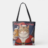 Tote Bag Funny Festif chat de Noël avec verre de bière (Dos)