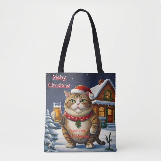Tote Bag Funny Festif chat de Noël avec verre de bière (Devant)