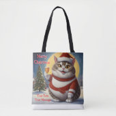Tote Bag Funny Festif chat de Noël avec verre de bière (Devant)