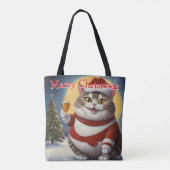 Tote Bag Funny Festif chat de Noël avec verre de bière (Dos)
