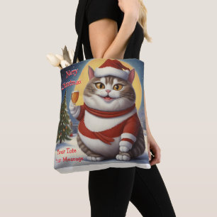 Tote Bag Funny Festif chat de Noël avec verre de bière