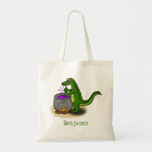 Tote Bag Funny green alligator cooking cartoon