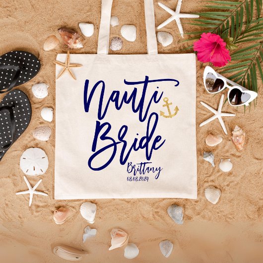 Tote Bag Funny Nauti Bride Bleu Moderne Calligraphie