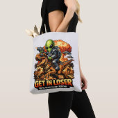Tote Bag Funny Sci-Fi Fantasy Meme Art, Alien Riding Dinosa (De près)