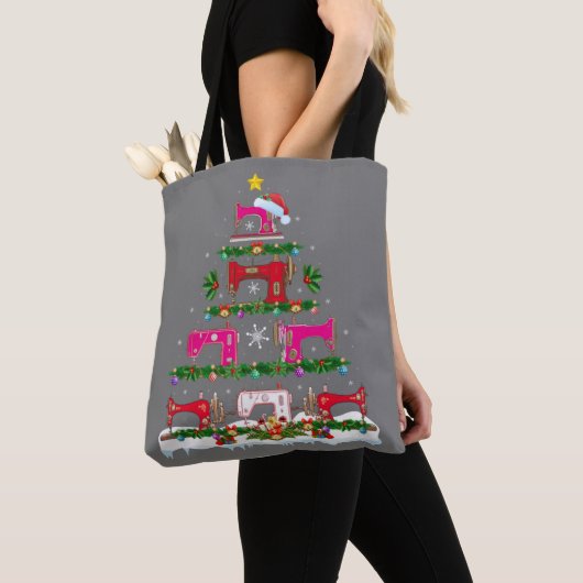 Tote Bag Funny Xmas Lighting Sewing Machine Christmas Tree (De près)