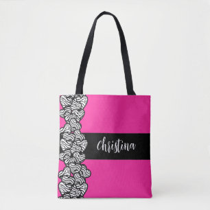 Tote Bag Fuschia rose noir blanc zèbre motif nom du coeur