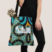 Tote Bag Futur -motif fractal et géométrique en turquoise (De près)