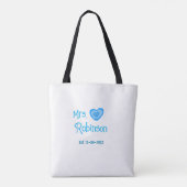 Tote Bag Future mariée Mme ajouter nom date cœur bleu aquar (Dos)