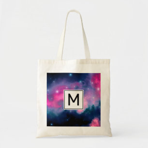 Tote Bag Galaxie rose et bleu et étoiles Monogramme Abstrai