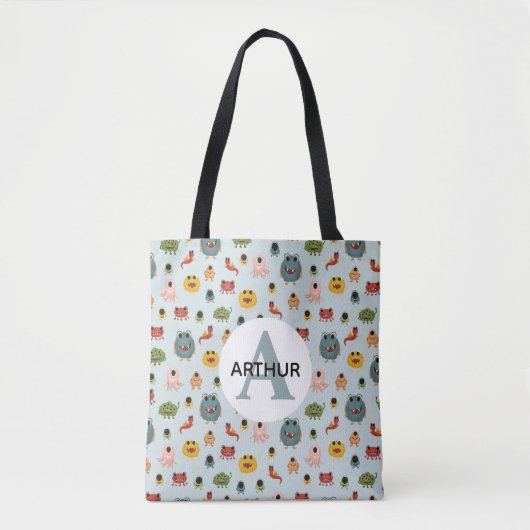 Tote Bag Garçons Bleu mignon Monstre Alien Motif Monogramme (Devant)