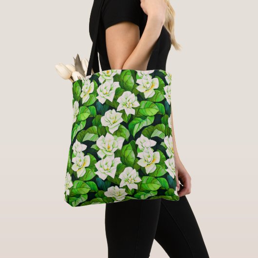 Tote Bag Gardenias blanches et Feuilles verts de Jade (De près)