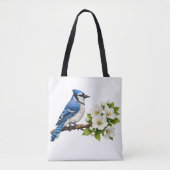 Tote Bag Geai bleu avec des fleurs blanches (Devant)