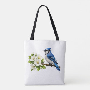 Tote Bag Geai bleu avec des fleurs blanches