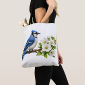 Tote Bag Geai bleu avec des fleurs blanches (De près)