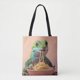 Tote Bag Gecko Drôle Manger Spaghetti