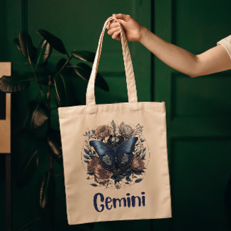 Tote Bag Gemini Zodiac Art Vintage avec texte bleu foncé