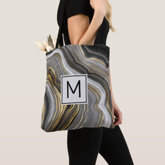 Tote Bag Géode moderne Gold & Grey Agate Monogramme (De près)