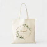 Tote Bag Géométrique dorée de verdure moderne<br><div class="desc">Botanique rustique aquarelle feuillage vert design et faux feuille d'or feuilles et cadre géométrique,  avec nom de femme de chambre personnalisée,  simple et élégant,  idéal pour mariage rustique d'été,  mariage de jardin botanique de printemps. Voir toutes les pièces correspondantes de la collection</div>