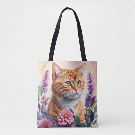 Tote Bag Ginger Cat Floral Multicolor Art (Devant)