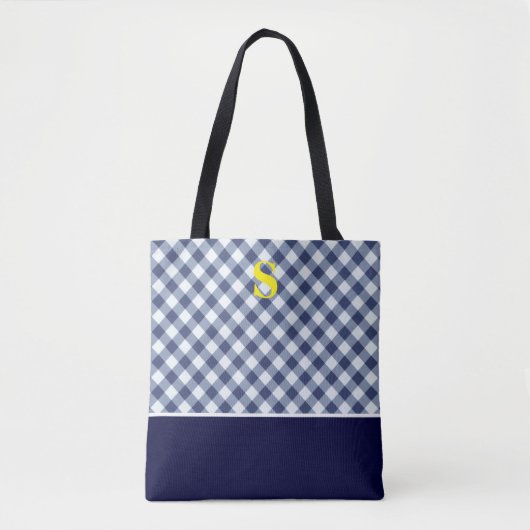Tote Bag Gingham Bleu Classique Monogramme (Devant)