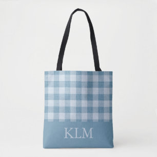 Tote Bag Gingham Bleu Poudre Monogramme Nom Personnalisé