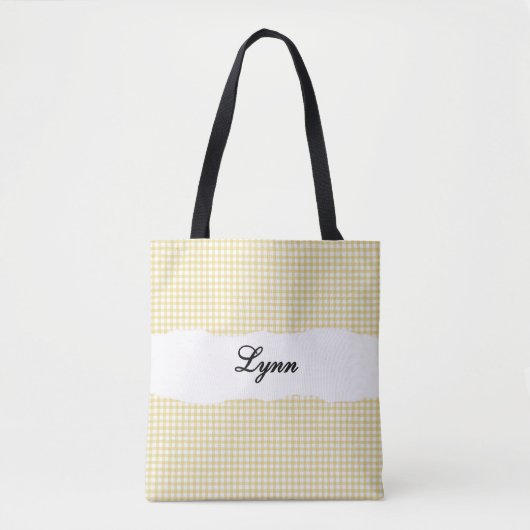 Tote Bag Gingham Jaune & Blanc Classique | Nom Personnalisé (Devant)