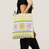 Tote Bag Gingham Jaune Floral Monogrammé (De près)
