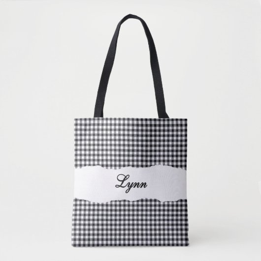 Tote Bag Gingham Noir & Blanc Classique | Nom Personnalisé (Devant)