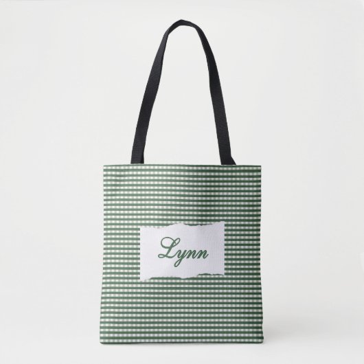 Tote Bag Gingham Vert et Blanc Classique | Nom Personnalisé (Devant)