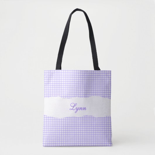 Tote Bag Gingham Violet & Blanc Personnalisé | Nom (Devant)