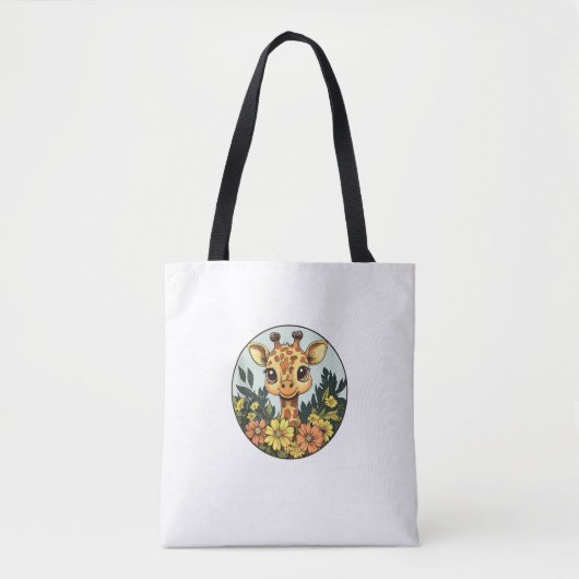 Tote Bag Giraffe Adorable Entourée De Fleurs _5 (Devant)