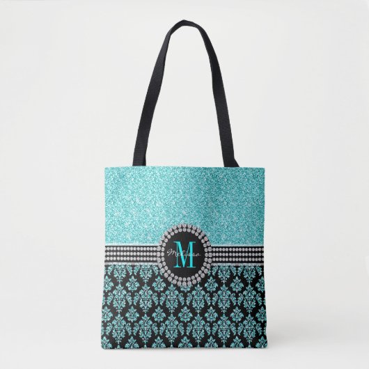 Tote Bag Girl Aqua Blue Parties scintillant Monogramme Nom (Devant)