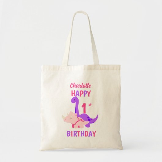 Tote Bag Girl Dinosaur 1er Anniversaire rose (Devant)