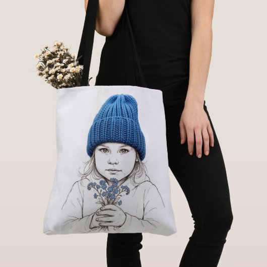 Tote Bag Girl In a Blue Knit Hat (De près)