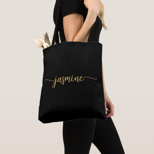 Tote Bag Girl Simple Noir Or Personnalisé Monogramme Nom (De près)