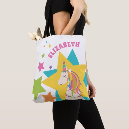 Tote Bag Girly Cute Rainbow Unicorn Stars Ajouter Votre Nom (De près)