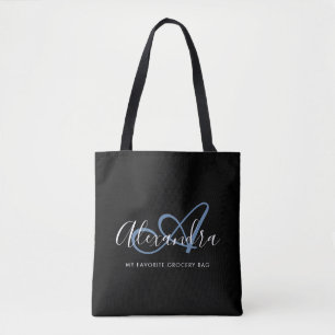 Tote Bag Girly Denim Blue Elegant Nom de script Monogramme